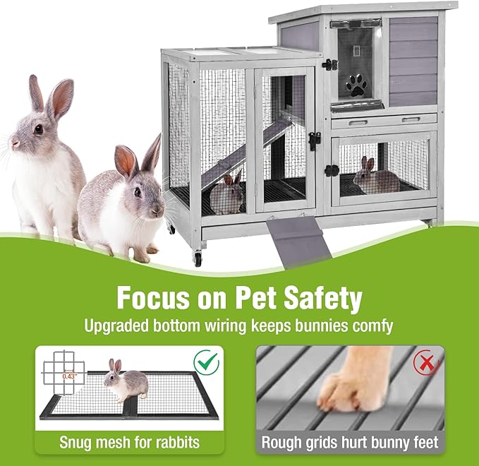 Gutinneen 2-Story Rabbit Hutch Indoor Wooden Bunny Cage with Removable Wire Mesh Floor, Chew-Proof Ramp, Lockable Wheels, Pull Out Trays for 1-2 Rabbit, Guinea Pig, 40.6" L x 26" W x 37.6" H