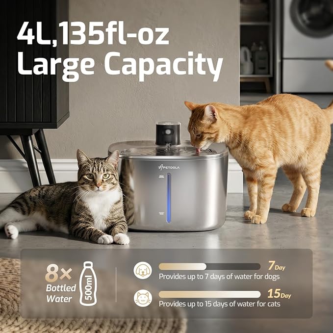 Cat Water Fountain Stainless Steel,152oz/4L Wireless Pet Fountain Battery Operated,Quiet Filtered Pet Water Fountain,Automatic Water Bowl for Cats Dogs with Motion Sensor 5 Filters