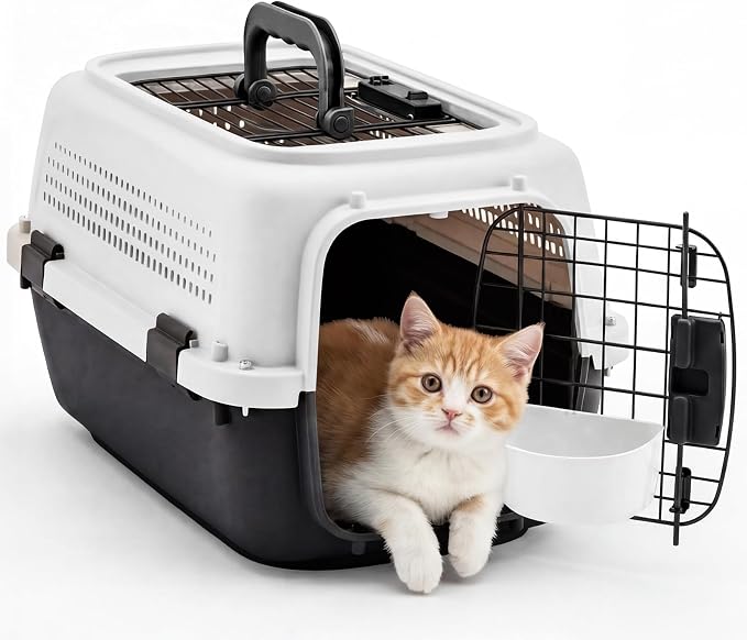 DUMOS 23" Hard-Sided Pet Carrier for Small Pets, 2 Door Cat Carrier, Black | Airline Approved Dog Crate, Enhanced Security Latches, Front & Top Load Wire Door, Food Bowl for Traveling, Hiking, Camping