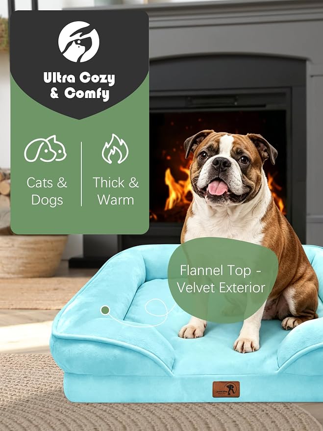 Spotted Play Orthopedic Dog Bed with Sides - Sofa Beds for Large Dogs, Supportive Foam Pet Couch Bed with Washable Removable Cover, Waterproof Lining and Non-Slip Bottom, Ice Blue - L