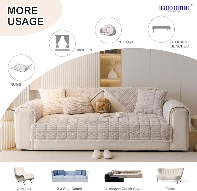 HANDONTIME Dog Couch Cover Protector, Fuzzy Couch Cover for Dogs Washable, Non Slip Geometric Jacquard Sofa Covers for 3 Cushion Couch Sofa Protector Pet Friendly Pets Mat(Khaki, 35.4" x 82.7")