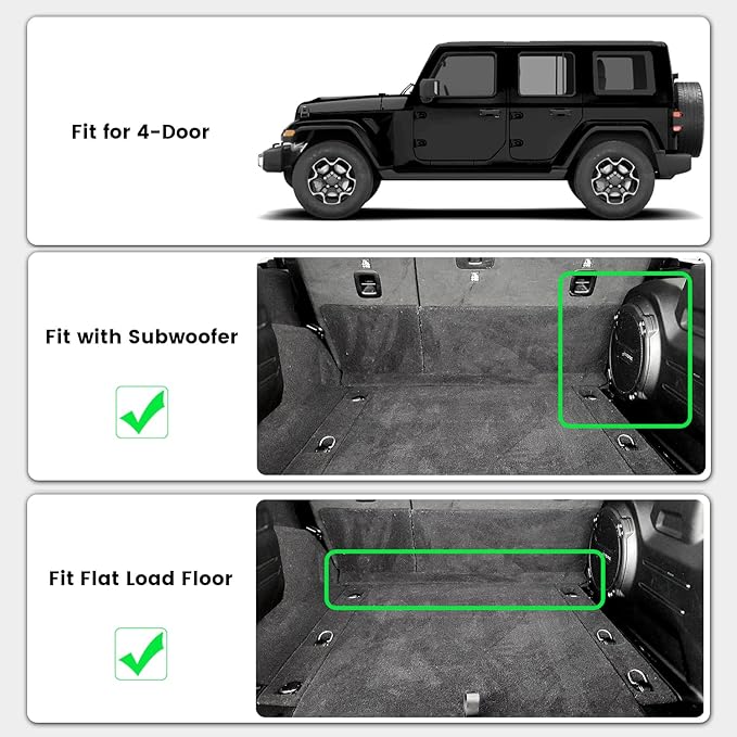 LASFIT Trunk Mat for Jeep Wrangler JL 2018-2025 2026 4 Door Cargo with SUBWOOFER, All Weather TPE Custom Fit Cargo Mat Fit for Flat Load Floor Gas Type, Black (Not for JK/Not PHEV/Not 2-Door)