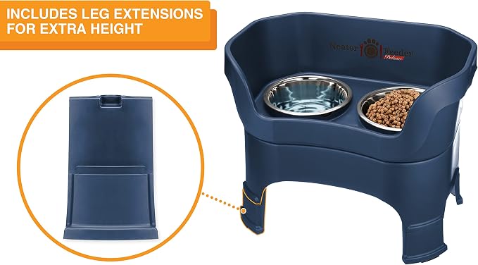 Neater Feeder Deluxe Mess-Proof Elevated Dog Bowls for Large Dogs (40+ lbs), 2 Height Adjustable (14.5” & 17.5”) No-Spill Raised Dog Bowl Stand, Stainless Steel Food Bowl Set, Made in USA, Dark Blue