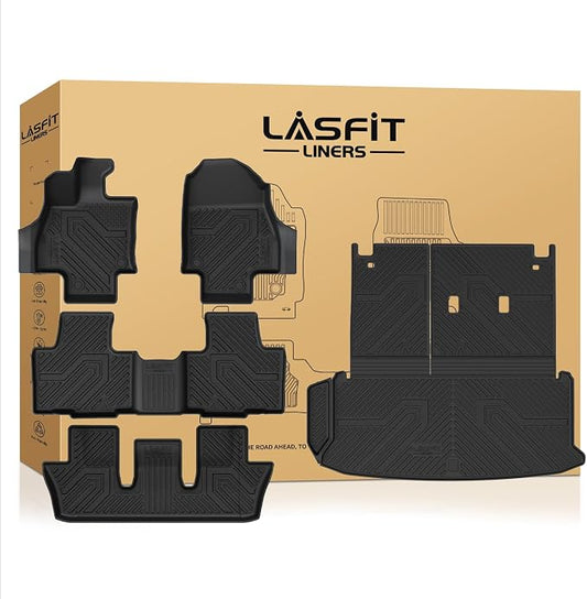 LASFIT Upgraded Floor Mats for Toyota Grand Highlander 2026 2025 2024 Hybrid, Fits with or Without Subwoofer, Trimmable All Weather TPE Custom Fit Floor Liners, 3 Rows Cargo & Backrest Mats, Black