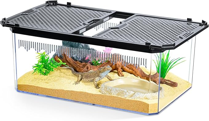 High-Transparency Reptile & Insect Enclosure Terrarium with Magnetic Door, Excellent Ventilation, Easy Cleaning, and Strong, Long-Lasting Build for Cricket,Frog,Gecko, Tarantula, Hermit Crab(Black,12)