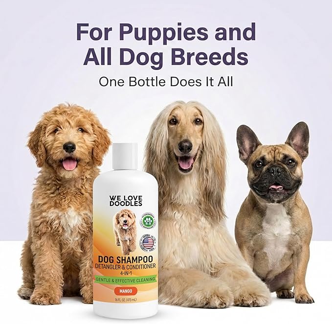Dog Shampoo, Conditioner & Detangler - Best Shampoo for Goldendoodles, Poodles & Doodles Pet Hair - Hypoallergenic, Tearless, Sensitive Skin for Puppies & All Dog Breeds - Made in USA, 16OZ (Mango)