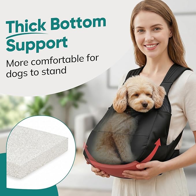 Dog Sling Carrier Front with Thicken Bottom Support for Small Dogs 5-12 lb | Adjustable, Hands Free, Comfortable Wearable, Lightweight, Vet Visits, Anxiety, Travel, Hiking, Safety Clip Black