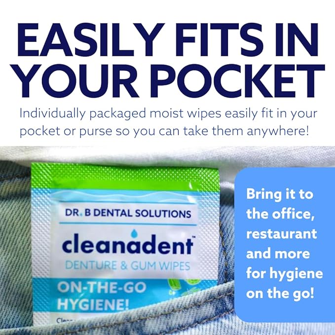 Dr. B Dental Solutions Cleanadent Wipes - Convenient Denture Cleaning Wipes, Refreshes Gums, No Artificial Colors/Flavors - 30 Count