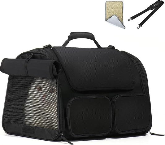 FUKUMARU Cat Carrier, Airline Approved Dog Carrier with Rollable Cover | Breathable Soft Cat Carrier, Multiple Doors & Storage Pockets Cat Travel Bag, Durable Pet Carrier for Cat Under 15 lb, Black