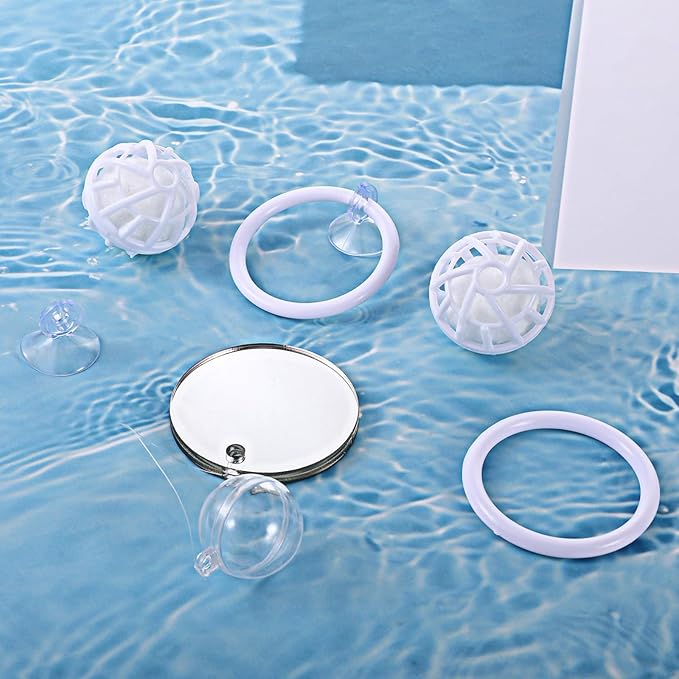 Betta Fish Tank Accessories Beta Enrichment Toys 2 Fish Exercise Training Rings with Suction Cups 2 Nitrifying Balls and 1 Floating Mirror with Ball for Aquarium Tank