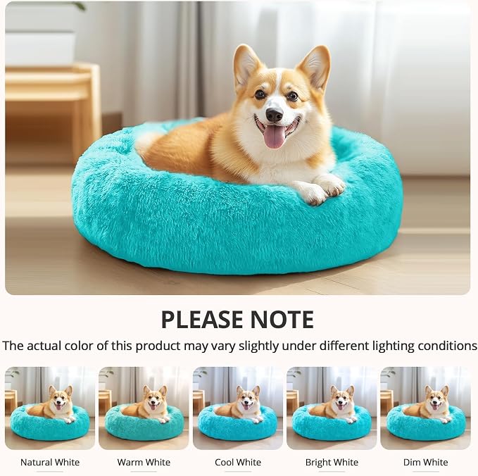 JOLLYVOGUE Calming Dog Beds Large Sized Dog, 36in Donut Washable Large Pet Bed, Anti-Slip & Anti-Anxiety Fluffy Faux Fur Round Dogs Bed, Fits up to 80 lbs Pets (Aqua Blue)