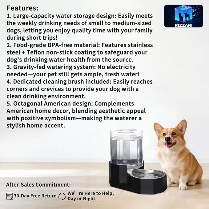 Sfozstra 5L Cat Gravity Water Bowl Dispenser: Stainless Steel Bowl | No Power Needed / No Filter Required / Spill Proof Design / Easy Cleaning / Cats & Small Dogs / Home Crate Area & Travel