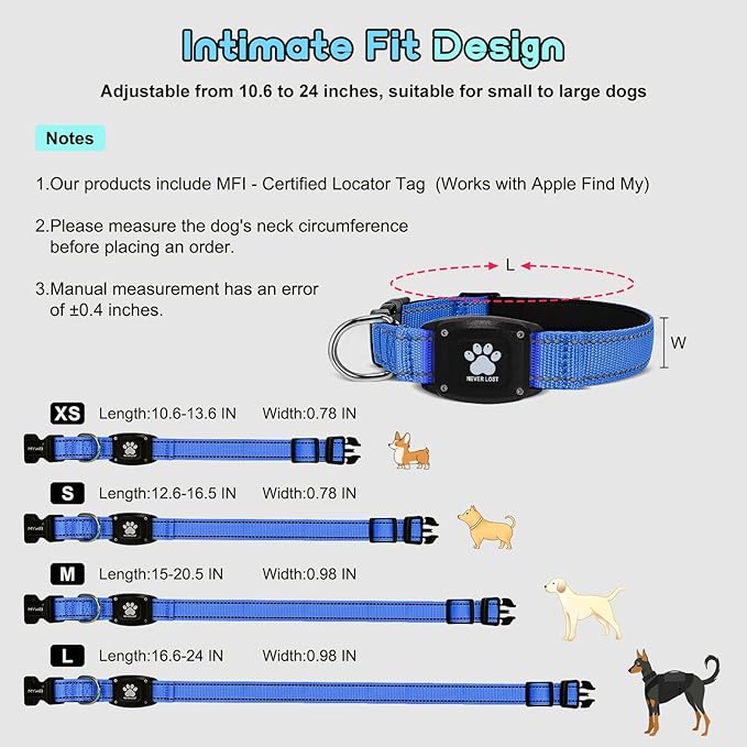 GPS Dog Collar Tracker 2-in-1,Reflective Waterproof Pet Collar,iOS-Only,No Monthly Fees,Unlimited Range,Dog Tracking Collar Pet Tracker,for Small Medium Large Dogs(L (16.6"-24"), Blue)