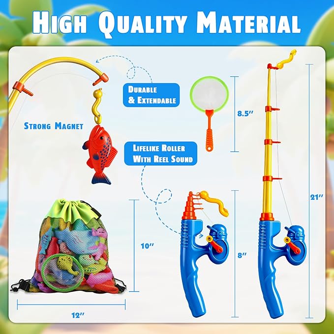 CozyBomB™ Magnetic Fishing Toys Game Set for Kids | Water Table Bathtub Kiddie Pool Party Pole Rod Net, Outdoor Plastic Floating Fish, Toddler Bath Color Ocean Sea Animals Birthday Gift Age 3-5 6 4-8