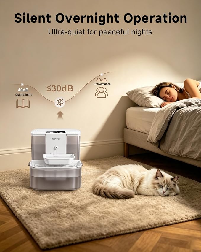 Filterless Heated Cat Water Fountain,4.5L Wireless Pet Automatic Dispenser | Heats Water to 28°C, Timed Dispensing, Wastewater Separation, Food-Grade Ceramic Bowl, 4000mAh Battery, Remote Control