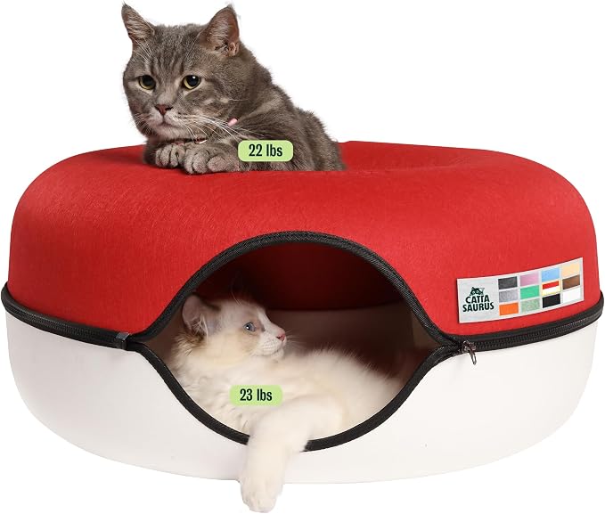 Peekaboo Cat Cave Donut for Multiple & Large Cats up to 30-45 lbs, 3-in-1 Self Warming Cat Bed, Tunnel & Scratcher for Indoor Cats, Washable & Detachable Dog Bed (Ruby Snowball, Large)
