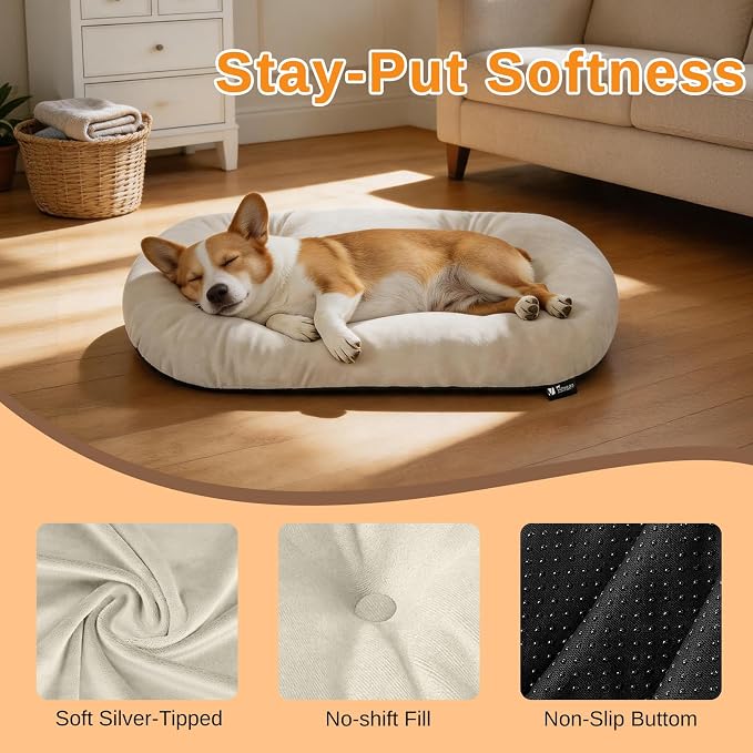 Washable Oval Dog Bed for Large Dogs, Silver-Tipped High-Resilience, Beige | Non-Slip Bottom Prevents Sliding, Soft Plush Short Fur, Machine Washable, Ideal for Crates/Apartments/Cozy Nooks,35"x22"x3.2"