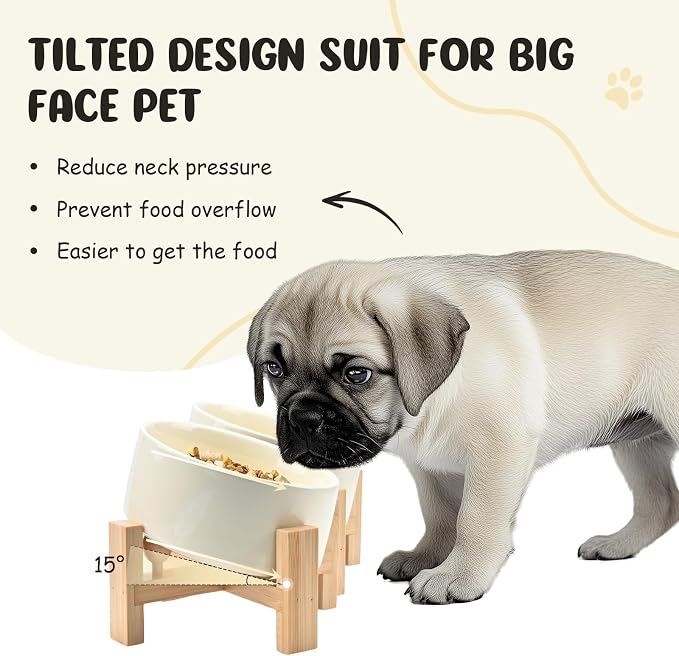 SPUNKYJUNKY 15° Slanted Ceramic Dog and Cat Bowl with Wooden Stand, Tilted Bulldog Food and Water Bowl No Slip Non-Spill for Cats Medium Dogs Big Face Pets 28.7 OZ (3.6 Cups, Beige × 2)