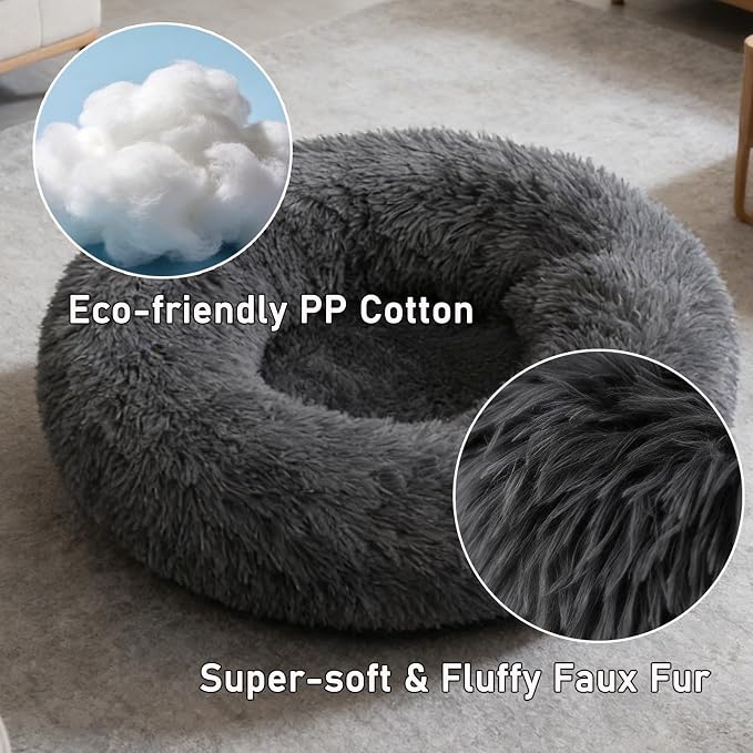Calming Donut Dog Bed Medium Size Dog - Washable Removable Cover Non-Slip Bottom, Round Pet Bed Cat Bed Warming Fluffy Plush Faux Fur Anti-Anxiety, Fits up to 45 lbs (Dark Grey, 30")