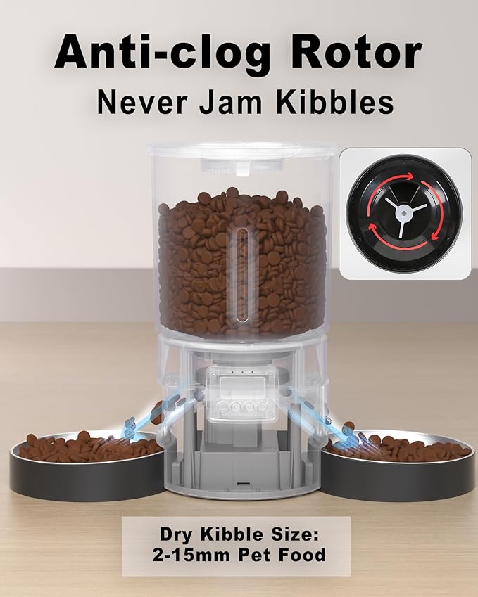 Automatic Cat Feeder 2 Cats, 4.2L Dry Food Auto Dispenser with Double Bowls,Dual Power Supply,Programmable Portion Control,10s Voice Recorder(Black,Stainless Steel Bowls) (Transparent+Black)