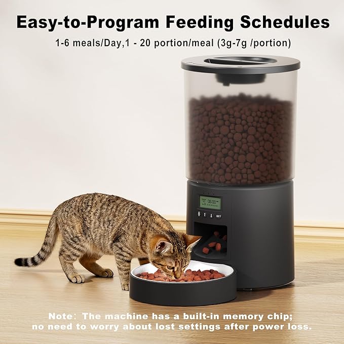 Automatic Cat Feeder 4.2L,6 Meals/Day,Dual Power Portion Control Feeder,Dry Pet Food Auto Dispenser,Timer Setting,10S Voice Record (Transparent Black, Stainless Steel Bowl)