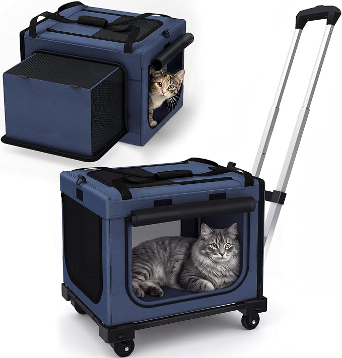Rolling Cat Carrier with Wheels, 16.5 x 13 x 11.8 in, Navy Blue | Expandable soft-sided carrier with detachable wheels, telescopic handle and breathable mesh for cats and small dogs
