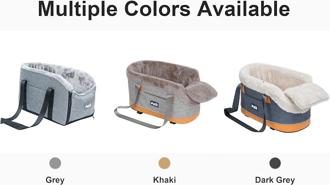 Pet Car Center Console Elevated Armrest Car Seat for Small Puppy, Dogs & Cats (Up to 10 lbs) – Dark Gray Washable Plush Carrier with Safety Leash, Fits Front Vehicle Console Space (Grey)
