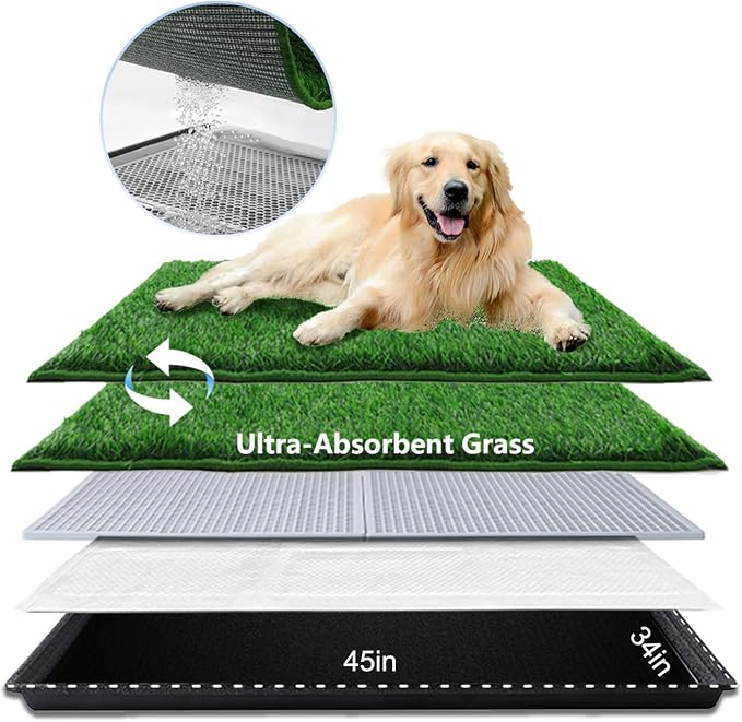 HQ4US Dog Grass Pad with Tray, Odor Free Grass Pee Pad for Dog Litter Box | Extra Large Dog Potty Tray with Grate, Artificial Grass Fast Drainage, Hemmed Edge, Realistic, Fake Grass for Indoor Balcony