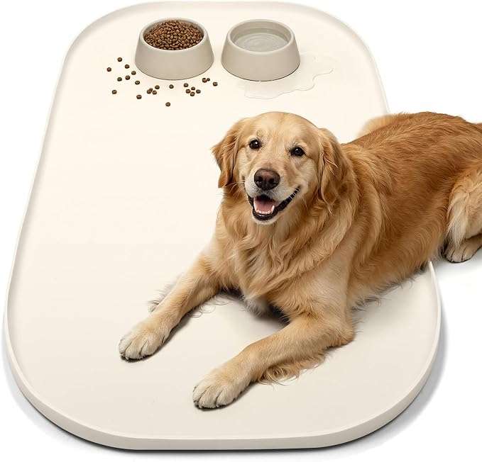 SMILOOL Waterproof Silicone Pet Food Mat with Raised Edge for Dog & Cat | 36" x 24" Non-Slip Large Pet Feeding Mats with Lip for Food & Water Bowl, Food Grade, Easy Cleaning, White Sand
