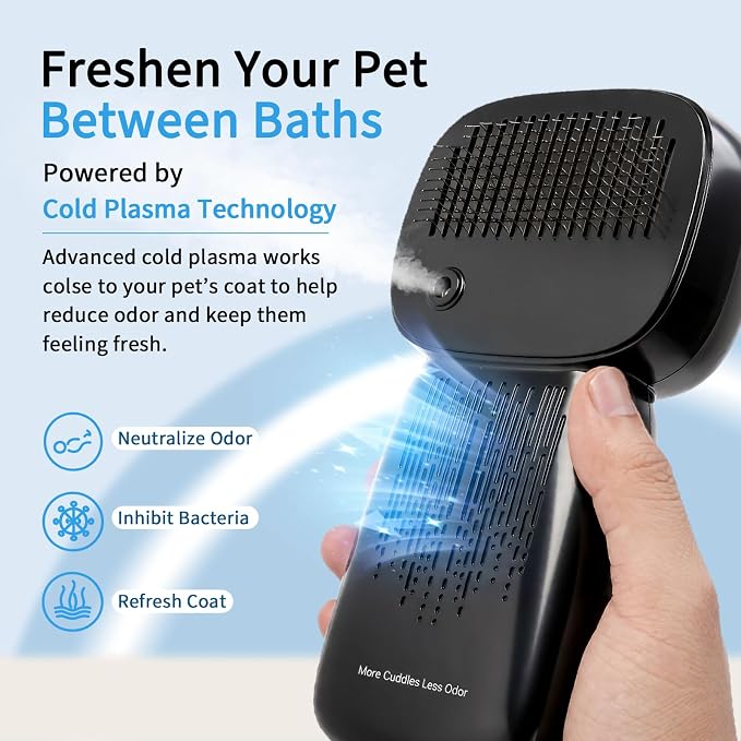 Dog Odor Remover Brush for Dogs & Cats, Cold Plasma Pet Freshening Brush, Helps Reduce Pet Smell Between Baths, Deshedding Comb with Rotating Adjustable Stainless Steel Pins