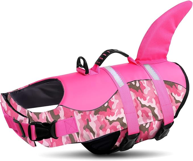 Dog Life Jacket Ripstop Dog Shark Safety Vest Adjustable Preserver with High Buoyancy and Durable Rescue Handle for Small,Medium,Large Dogs, Pink Camouflage X-Small