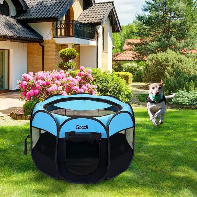 Goozii Dog Playpen for Large Dogs Portable Collapsible, Indoor Outdoor Cat Pet Puppy Exercise Play Pen Tent Crate Cage with Zipper Door Top Cover Floor for Camping (Large Size, Blue)