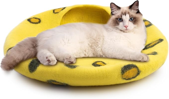 Luxurious Merino Wool Cat Cave - Foldable Hideaway Pod for Indoor Cats - Premium Felt Kitten Pet Enclosure - Covered Cat House for Ultimate Cozy Comfort by Woolygon (Cheetah)