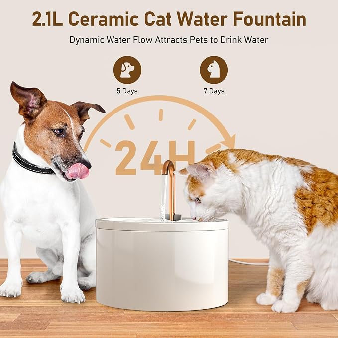 DOOOB Ceramic Cat Water Fountain, 2.1L/71oz Ceramic Cat Fountain, Automatic Ceramic Water Fountain for Cats, Pet Water Fountain with Ultra-Quiet Pump and 3 Filters & 3 Sponges (White) | Automatic Ceramic Water Fountain for Cats, Pet Water Fountain with...
