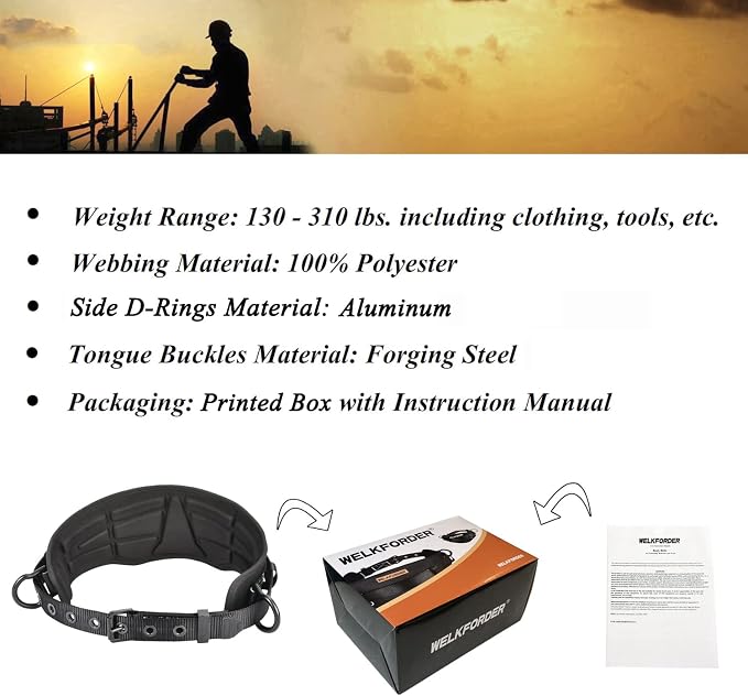 Tongue Buckle Body Belt (Aluminum Hardware) With Hot-Pressing Waist Pad and 2 Aluminum Side D-Rings Personal Protective Equipment | Waist Fitting Size 32'' to 50''
