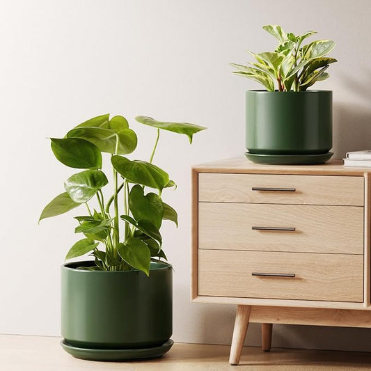 LE TAUCI Ceramic Plant Pots, Set of 2, 8+10 Inch Plant Pots Indoor with Drainage Hole & Saucer, Sturdy Planters for Indoor Plants, Modern Minimalist Decor for Snake Plant, Monstera, Green