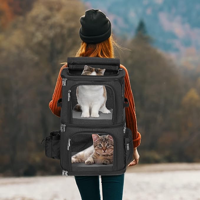 HOVONO Double Cat Carrier Backpack for 2 Cats or Small Dogs,Large Space | 2-in-1 Dual Compartment Pet Backpack Carrier up to 18 lbs, Ventilated Design for Traveling/Hiking /Camping/Vet Visits, Black