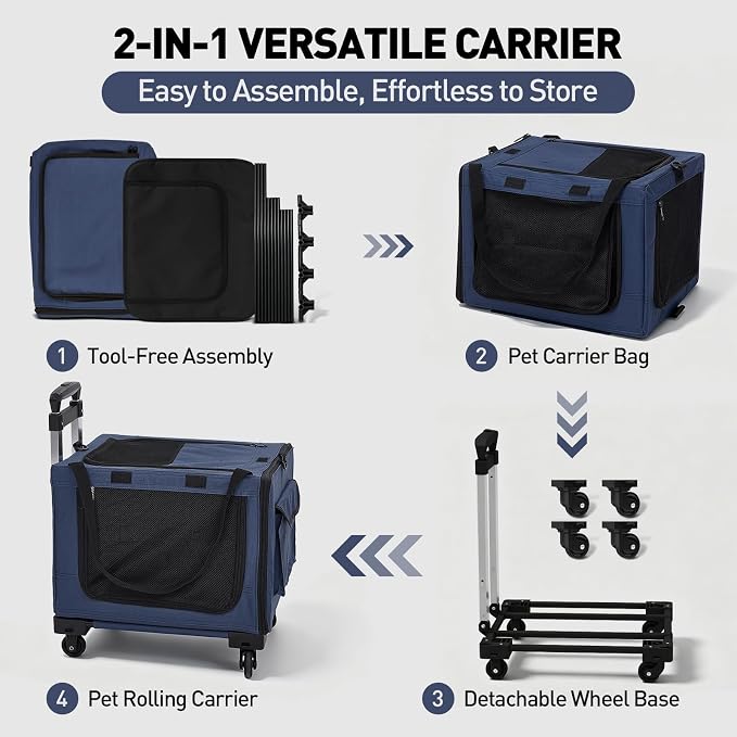 Rolling Cat Carrier with Wheels, 16.5 x 13 x 11.8 in, Navy Blue | Expandable soft-sided carrier with detachable wheels, telescopic handle and breathable mesh for cats and small dogs