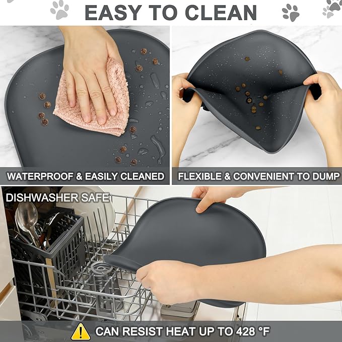 SMILOOL Waterproof Silicone Pet Food Mat with Raised Edge for Dog & Cat | 12" x 12" Non-Slip Small Pet Feeding Mats with Lip for Food & Water Bowl, Food Grade, Easy Cleaning, Dark Gray