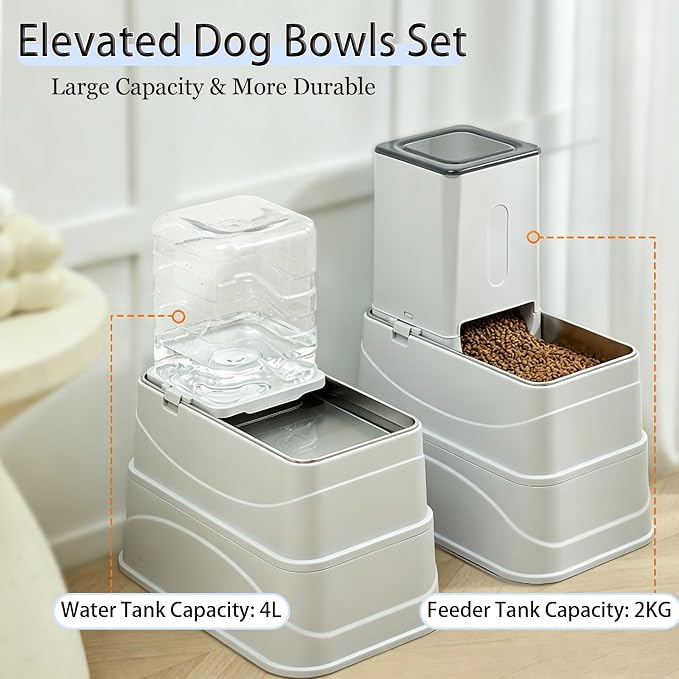Marchul 1.1Gallon Elevated Dog Feeder and Water Dispenser, Adjustable Gravity Pet Feeder and Water Set with Stainless Steel Bowls, Designed to Protect Dog‘s Neck, Joints, Perfect for Cats and Dogs(4L)
