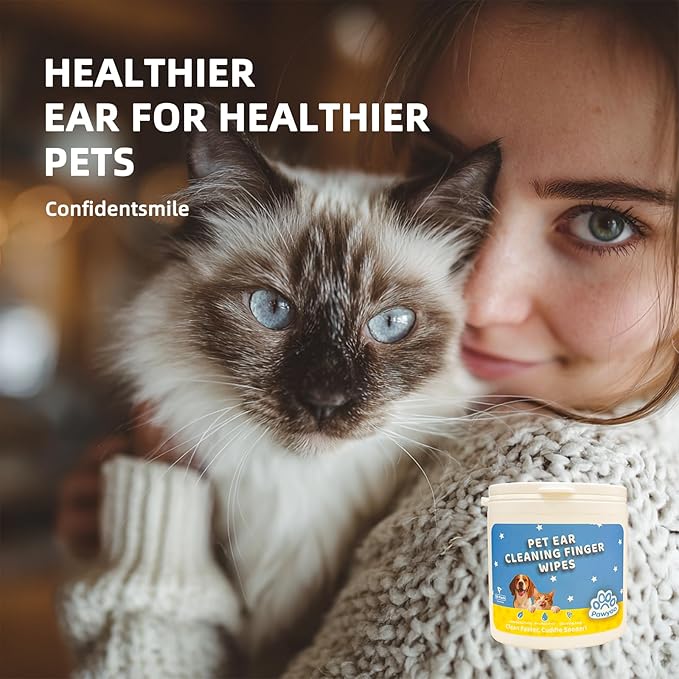 Cats Dogs Ear Cleaning Finger Wipes - 50 PCS Pet Ear Care Wipes for Cats and Dogs - Gentle Ear Dirt Remover and Odor Control - Easy to Use Finger Wipes for Daily Ear Clean (CY_EarWipes)