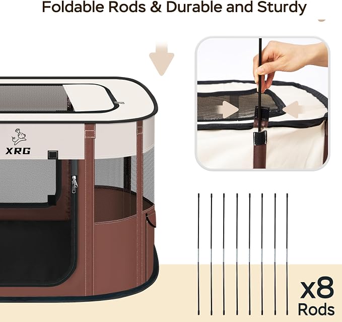 XRG Foldable Pet Playpen,Indoor Cat cage Puppy Crates M(31.5"x23.6"x21.7") | Portable Dog Crates with Upgrade Breathable Mesh，Sturdy Cat Kennel Indoor & Outdoor for Rabbit or Small Animals,Brown