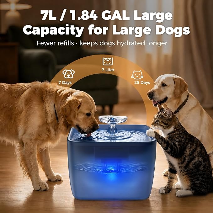 Pet Water Fountain for Large Dogs & Cats, 7L/1.84Gal, Quiet Automatic Pump | Large dog water bowl dispenser for multi-pet households, easy to clean, recirculating system, visible water level, no spill