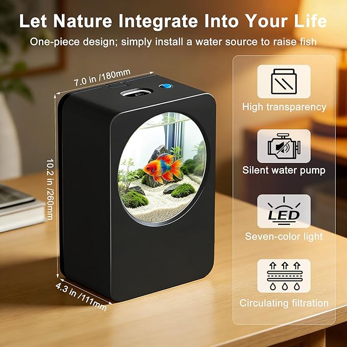 Betta Fish Tank 0.3 Gallon mini Desktop Fish Tank, Aquarium Starter Kits, Small Fish Tank for Office, Home, Bedroom, School, Store, Outdoor Garden, Lawn