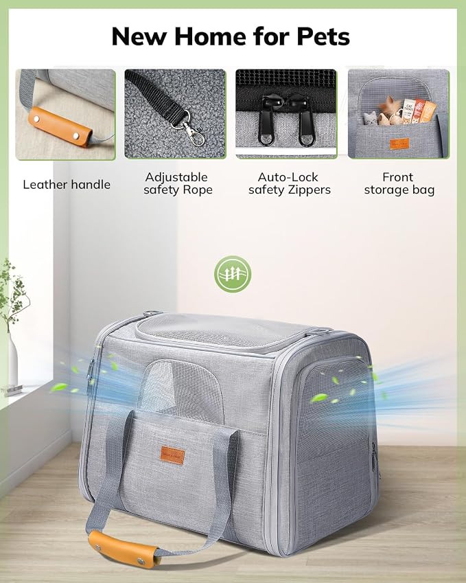 Morpilot Portable Cat Carrier - Soft Sided Cat Carrier for Medium Cats and Puppy up to 15lbs, Pet Carrier with Locking Safety Zippers, Foldable Bowl, Airline Approved Travel Dog Carrier - Light Gray