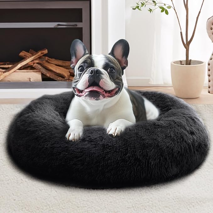 JOLLYVOGUE Calming Dog Bed Medium Size Dog, 31in Donut Washable Medium Pet Bed, Anti-Slip & Anti-Anxiety Fluffy Faux Fur Round Dogs Bed, Fits up to 45 lbs Pets (Black)