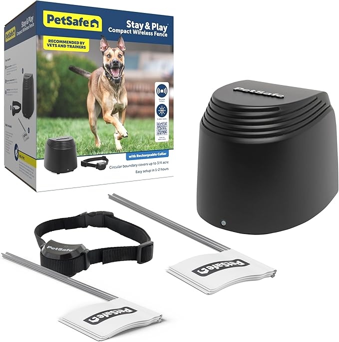 PetSafe Stay & Play Compact Wireless Fence, LCD Screen to Adjust the Circular Boundary, Secure up to 3/4 Acre Area, for Dogs 5lbs and up, Portable System with 50 Extra Flags