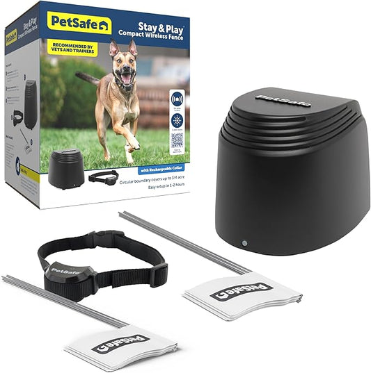 PetSafe Stay & Play Compact Wireless Fence, LCD Screen to Adjust the Circular Boundary, Secure up to 3/4 Acre Area, for Dogs 5lbs and up, Portable System with 50 Extra Flags