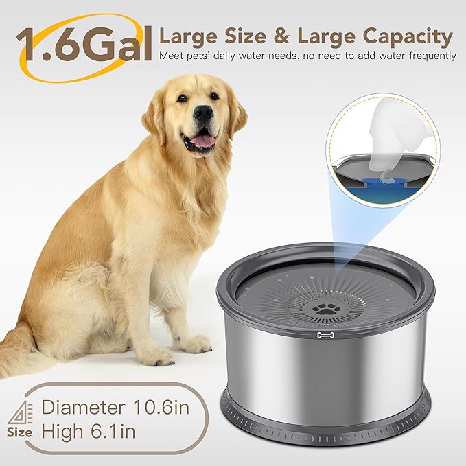 6.5L Stainless Steel Dog Water Bowl, No Spill Water Bowl for Dogs | Large Capacity, Slow Drinking Feeder, Splash Proof, With Anti-Slip Mat, Dishwasher Safe, Sturdy, Suitable for Mess Drinkers