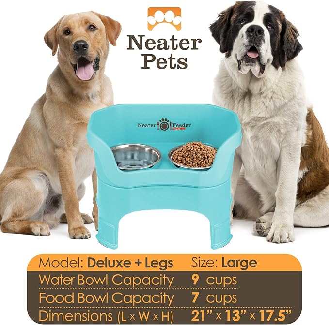 Neater Feeder Deluxe Mess-Proof Elevated Dog Bowls for Large Dogs (40+ lbs), 2 Height Adjustable (14.5” & 17.5”) No-Spill Raised Dog Bowl Stand, Stainless Steel Food Bowl Set, Made in USA, Aquamarine
